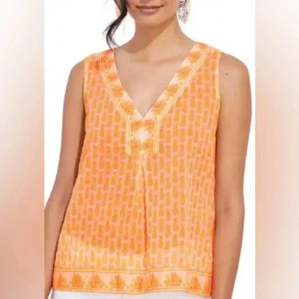 Vineyard Vines Women’s Pineapple Border Print Sleeveless Top Blouse Size Large L